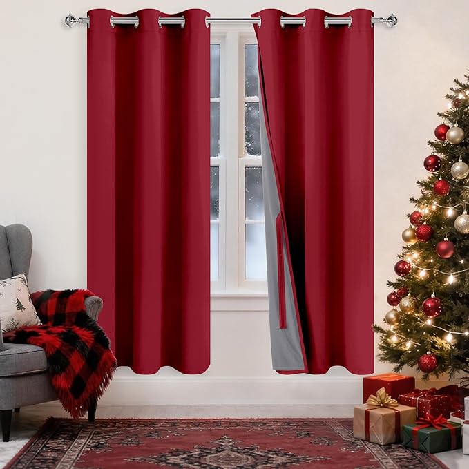 XWZO Total Blackout Curtains 72 Inches Long - Double Layer Full Room Darkening & Energy Efficiency Grommet Window Panels with Tiebacks, Christmas Red, W42 x L72, Set of 2