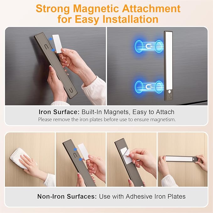 Gritin 10.2inch Under Cabinet Lighting Rechargeable -84 LED Super Bright,3-Color& 5 Level Brightness,4 Modes,Motion Sensor, Long Lasting- Easy Installation Magnetic Closet Lights -2 Pack-Bronze