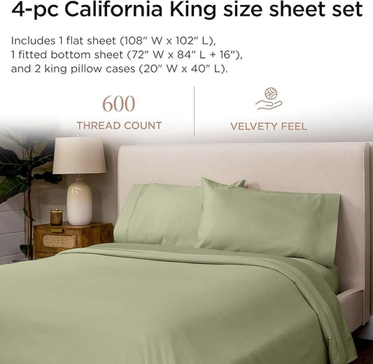 Threadmill 100% Cotton Sheets for Cal King Size Bed - 600 Thread Count Cal King Bed Sheets Set with 16” Deep Pocket - Sateen Weave 4-Piece Bedding Set with Cooling Effect, Sage Green