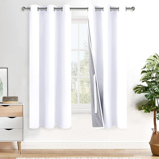 XWZO 100% Blackout Curtain Panels - Thermal Insulated Black Liner Curtains, Noise Reducing and Heat Blocking Drapes for Hall and Studio Windows with Tiebacks, White, W42 x L72, Set of 2