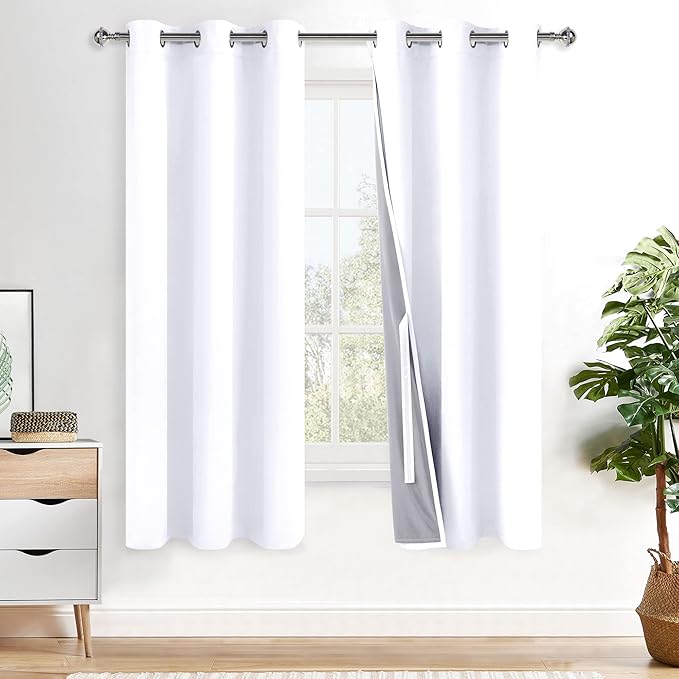 XWZO White 100% Blackout Curtains - Heat and Full Light Blocking Drapes with Black Liner for Bedroom/Laundry Room, Grommet Top Window Panels with Tiebacks, White, W38 x L72, Set of 2