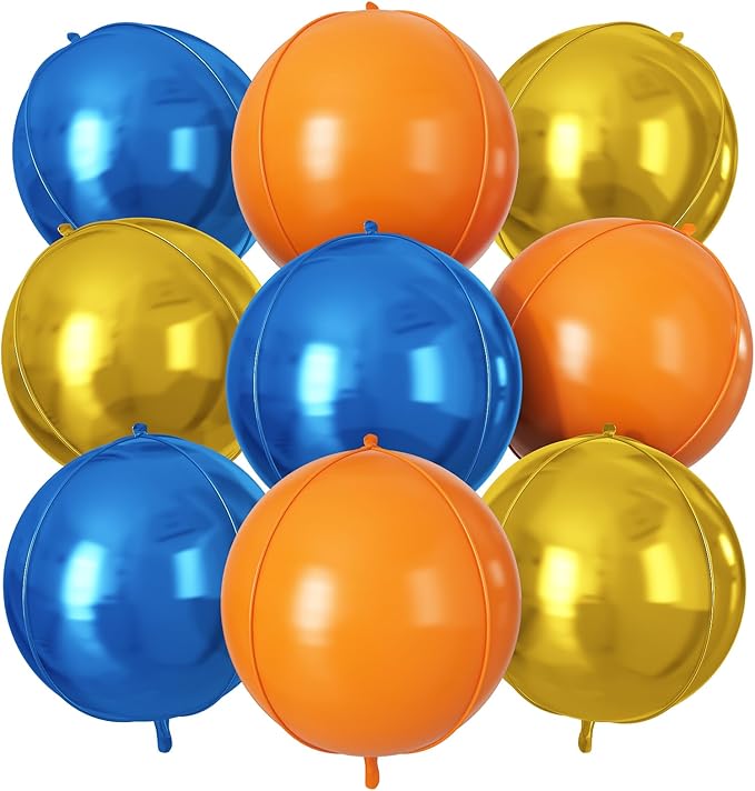 Orange Blue Gold Round Foil Balloons 9 pcs,Metallic Giant 4D Round Balloons 22 Inch for Kids Boys Birthday Party Decorations Baby Shower Graduation Party Supplies