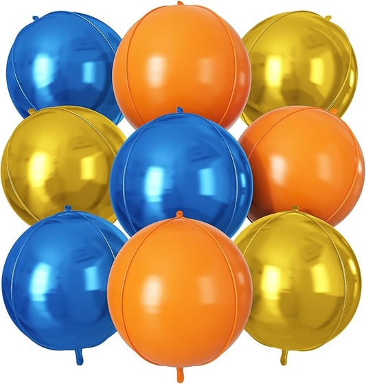 Orange Blue Gold Round Foil Balloons 9 pcs,Metallic Giant 4D Round Balloons 22 Inch for Kids Boys Birthday Party Decorations Baby Shower Graduation Party Supplies