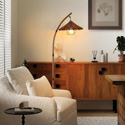 beaysyty Bamboo Floor lamp Mid Century Rattan Retro Floor lamp Bohemian,Arc Floor Lamps for Living Room Tall Reading Lamps Antique Rattan Style for Bedroom Dining Room Farmhouse Study (Brown)