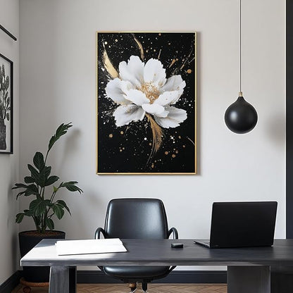Framed Black and White Flower Canvas Wall Art for Living Room-Hand Painted Floral Wall Pictures for Bedroom- 3D Oil Painting for Office,Kitchen Home Wall Decorations 28" x 40"