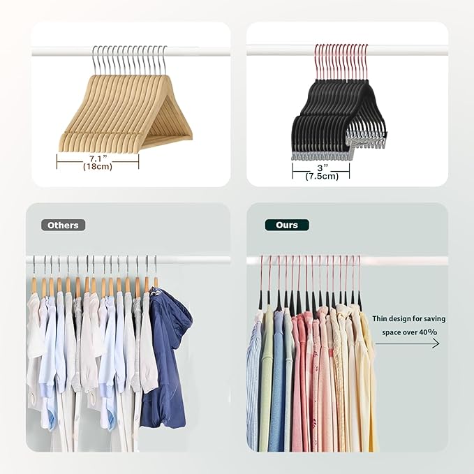 Baby Hangers with Clips, 14 Packs Kids Velvet Clothes Hangers, Heavy-Duty Childrens Pant Hangers for Shirts, Pants, Skirts, Dresses, Jackets, Coat Black - Rose Gold Hook