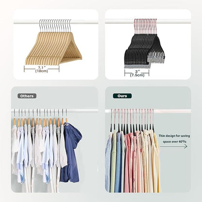 Baby Hangers with Clips, 14 Packs Kids Velvet Clothes Hangers, Heavy-Duty Childrens Pant Hangers for Shirts, Pants, Skirts, Dresses, Jackets, Coat Black - Rose Gold Hook