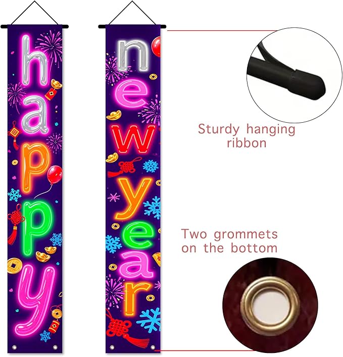 Nuxovilar Happy New Year Banner, 70.86" x 11.81" Colorful Background Letters Hanging Decorations for Outdoor Indoor Home Wall