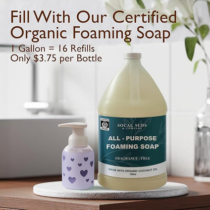 SoCal Suds & Company Glass Foaming Hand Soap Dispenser, Heart Silicone Sleeve, Refillable Pump Bottle for Kids, Baby Wash & Shampoo, Ideal for Home Use, Soft Purple 8oz