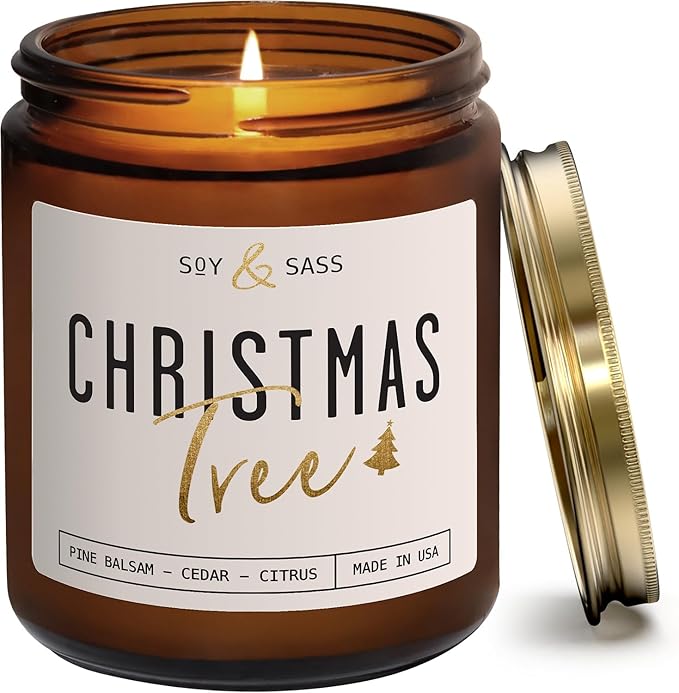 Christmas Tree Candles, Christmas Candles Scented - 'Christmas Tree' Soy Candle w/Balsam, Cedar & Citrus - Infused with Essential Oils I Balsam Pine Candle I 9oz, 50Hr, USA Made