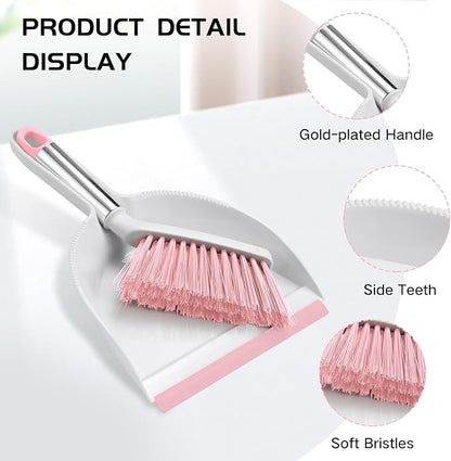 NACENA Mini Broom and Dustpan Set, Small Dust Pan and Brush Set with Handle Dustpan Teeth for Cleaning Hair Suitable for Office Desks Drawers Sofas Outdoor Camping, Pink