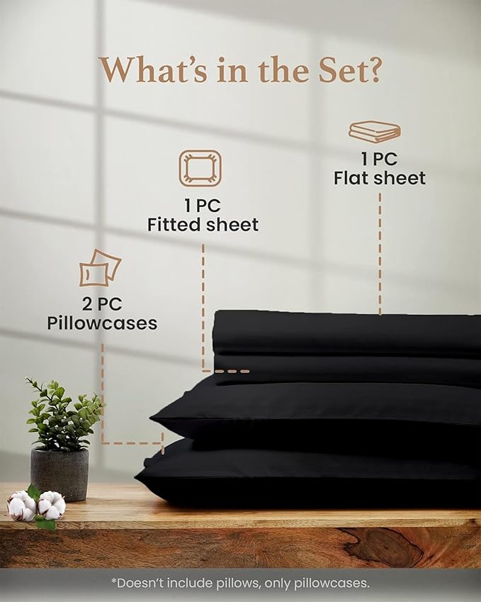 Good Sleep Bedding Queen Size Bed Sheet Set - 1000 Thread Count Egyptian Cotton, 4 Pc, Luxury Sateen Weave, Deep Pocket 16" - Black