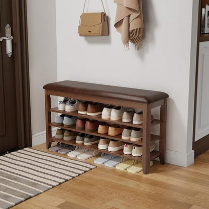 Shoe Bench with Leather Cushion, 3 Tiers Shoe Storage Bench Height Adjustable, Walnut Wood Entryway Bench for Hallway, Mudroom