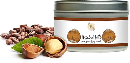 AIRA Soy Candles - Organic, Kosher, Vegan, Tin Candle w/Therapeutic Grade Essential Oil Blends - Hand-Poured 100% Soy Candle Wax - Paraffin Free, Burns 60+ Hours - Hazelnut Latte -8 Ounces