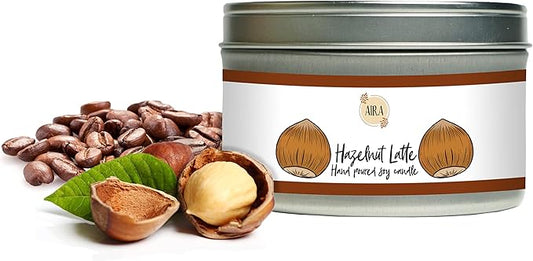 AIRA Soy Candles - Organic, Kosher, Vegan, Tin Candle w/Therapeutic Grade Essential Oil Blends - Hand-Poured 100% Soy Candle Wax - Paraffin Free, Burns 60+ Hours - Hazelnut Latte -8 Ounces