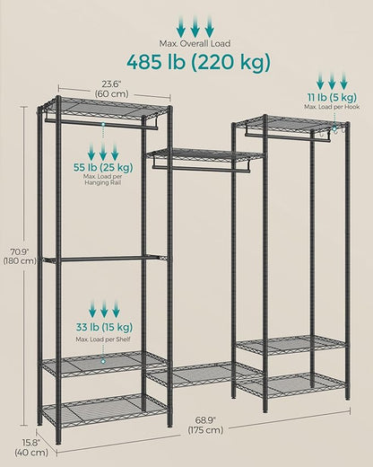 SONGMICS Portable Wardrobe Closet Heavy Duty Clothes Rack, Freestanding Closet Organizer,15.8 x 68.9 x 70.9 inches,Metal Garment Rack with Adjustable Wire Shelves, Dividable, Ink Black ULGR431B01