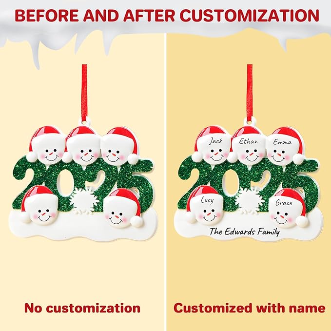 2025 Christmas Ornaments Personalized with Names Family of 2,3,4,5,6, Custom Family Snowman Ornament for Xmas Tree, Personalized Christmas Ornaments Decoration Gifts for Home Decor, 4 Names