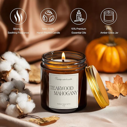 Mahogany & Teakwood Highly Scented Candles for Home, 9oz Natural Soy Aromatherapy Organic Candle with Essential Oil, Home Fragrance Stress Relief & Meditation Jar Candles Gifts for Men Women