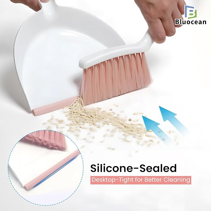 Mini Broom and Dustpan, Plus an Adhesive Hook Set, 7" Dustpan Opening, Bristles for Hair and Small Debris, Mini Portable Hand Brush for Pet, Sofa, Desk, Kitchen(White & Blush Pink)