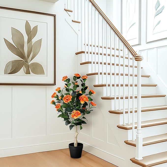 3FT Artificial Camellia Tree, 2 Pack Fake Camellia Tree Artificial Tree, Faux Floral Plants in Cement Pot, Greenery Potted Plant for Indoor Outdoor Home Office Porch Decor (Orange)