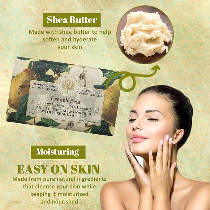 Wavertree & London French Pear Scented Natural Soap (8 Bars), 7oz Moisturizing French Triple Milled Soap Bars enriched with shea butter - Pure Plant Oil Bath & Body Bars for All Skin Types