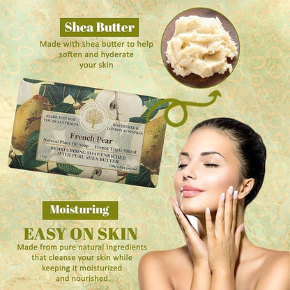 Wavertree & London French Pear Scented Natural Soap (8 Bars), 7oz Moisturizing French Triple Milled Soap Bars enriched with shea butter - Pure Plant Oil Bath & Body Bars for All Skin Types