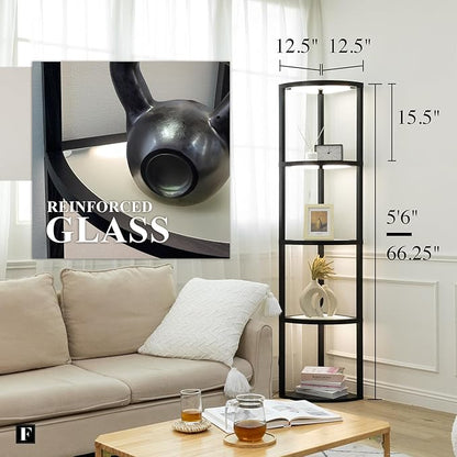 FENLO Corner Floor Lamp with Shelves, Dimmable LED Corner Shelf with Lights, Standing Lamp for Living Room, Shelf Lamp with Full Brightness Control, Color Changing Temps, and Reinforced Glass