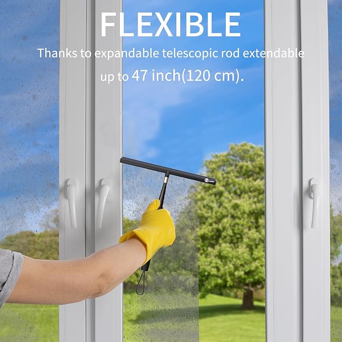 Shower Squeegee with Hook, Stainless Steel Core Glass Wiper, Silicone Rubber Household Squeegees for Shower Glass Doors, Telescoping Handled 12 in Squeegee,Black