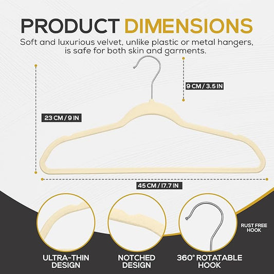 50 Pack New Premium Quality Velvet Hangers Ultra Thin Non Slip Adult Felt Space Saving Hangers for Closet Heavy Duty Coat Pants Jackets Dress Hangers 360° Swivel Hook Hold Upto 10 lbs Ivory
