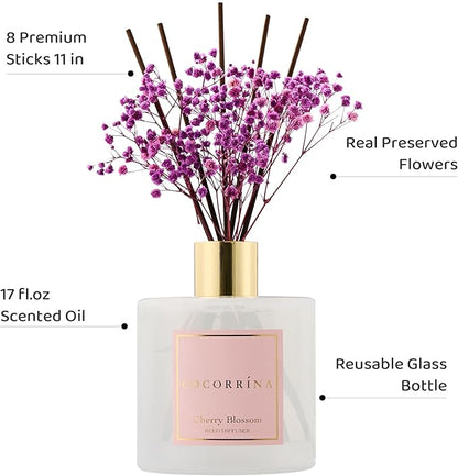 COCORRÍNA Reed Diffuser - Cherry Blossom 17 Fl.oz Reed Diffuser with 8 Sticks Scented Diffuser with Preserved Flowers for Bathroom Home Decor