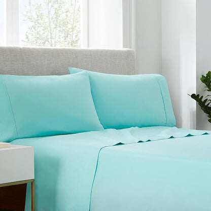 Serta Simply Clean Super Soft Hypoallergenic Stain Resistant Deep Pocket 4 Pieces Solid Bed Sheet Set, Full, Turquoise