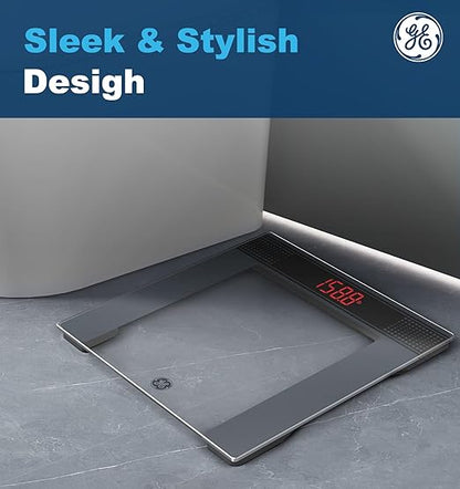 GE Bathroom Scale for Body Weight: Highly Accurate Digital Scale Weighing Machine with Clear Tempered Glass, 11.8" Large Platform, LED Display, 400 lbs, 4 Units, with Body Tape Measure and Batteries