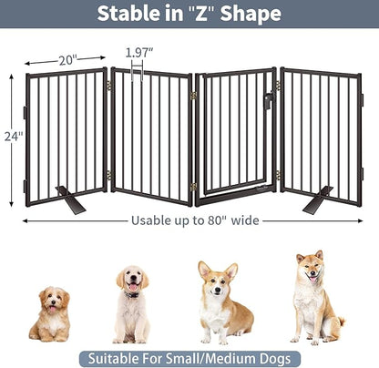 Metal Freestanding Dog Gates with Door for Outdoor Indoor,80'' Extra Wide 24'' Tall Free Standing Dog Gate for Doorways,Large Openings,Deck,Yard,Porch,Foldable Safety Pet Fence(Black,4 Panels)