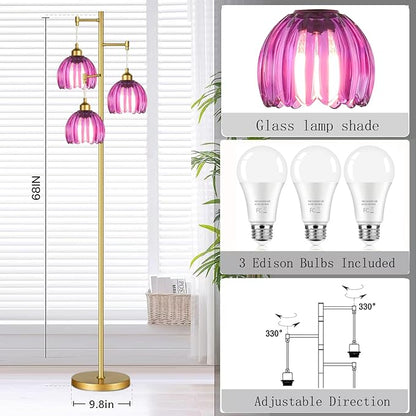 Gold Floor Lamps for Living Room Bedroom-3 Light Glass Floor Lamp with Three Led Bulb,Vintage Tall Lamp Mid Century Modern Standing Lamp Tree Floor Lamp for Bedroom Living Room,Office,Corner