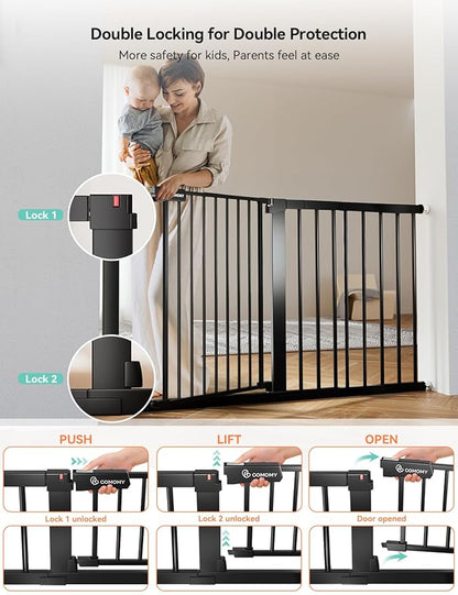COMOMY 30" Tall Baby Gate for Stairs Doorways, Fits Openings 29.5" to 51.6" Wide, Auto Close Extra Wide Dog Gate for House, Pressure Mounted Easy Walk Through Pet Gate with Door, Black