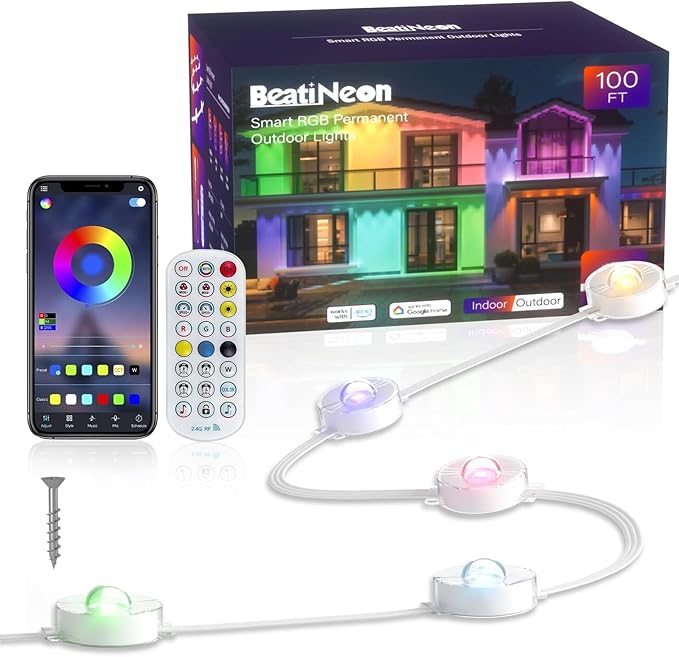100ft Permanent Outdoor Lights, Smart RGB+IC Eave Lights, 60 Bright LEDs with 75 DIY Scene Modes & 16 Million Colors, Work with Alexa/App, IP68 Waterproof Light for House Holiday Christmas