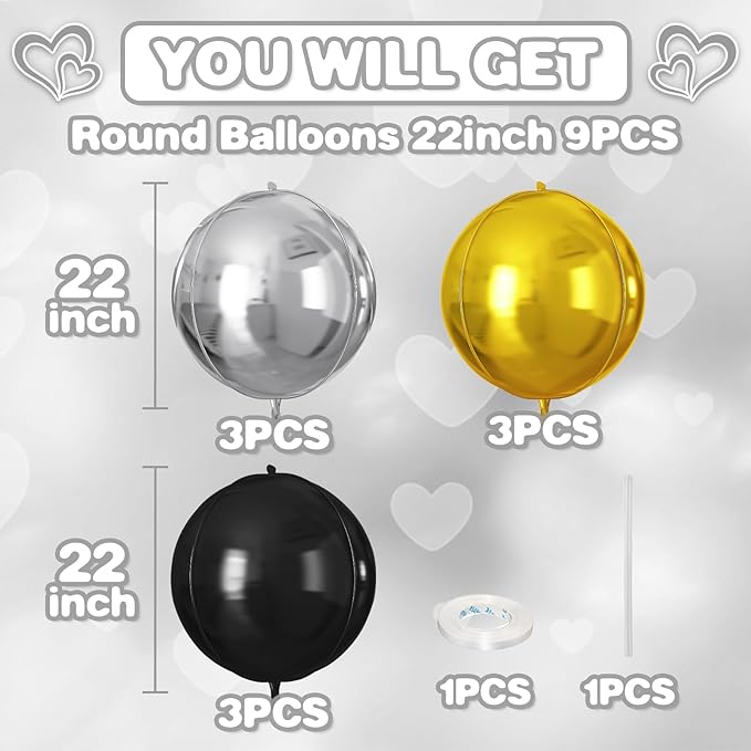 Black Gold Silver Round Foil Balloons 9 pcs,Metallic Giant 4D Round Balloons 22 Inch for Birthday Wedding Baby Shower Graduation Party Decoration