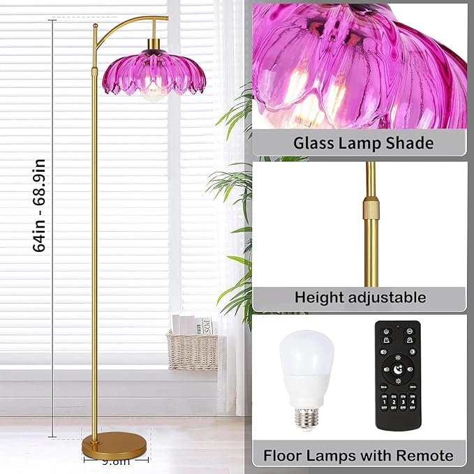 Floor Lamp for Living Room,Bedroom,Gold Dimmable Standing Lamp with Remote,Mid Century Modern Brass Tall Lamp Retro Vintage Purple Glass Lamp Floor Light Boho Bohemian
