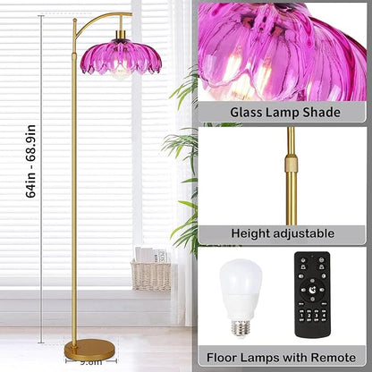 Floor Lamp for Living Room,Bedroom,Gold Dimmable Standing Lamp with Remote,Mid Century Modern Brass Tall Lamp Retro Vintage Purple Glass Lamp Floor Light Boho Bohemian