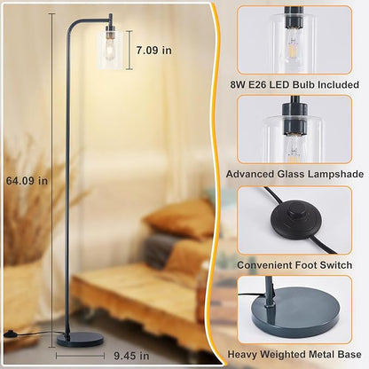 DLLT Floor Lamp Tall for Room: Grey Standing Lamp with Clear Glass Lampshade for Living Room - Modern Bright Lamp for Bedroom - Industrial Corner Floor Lamps for Office 8W Led Bulb Included
