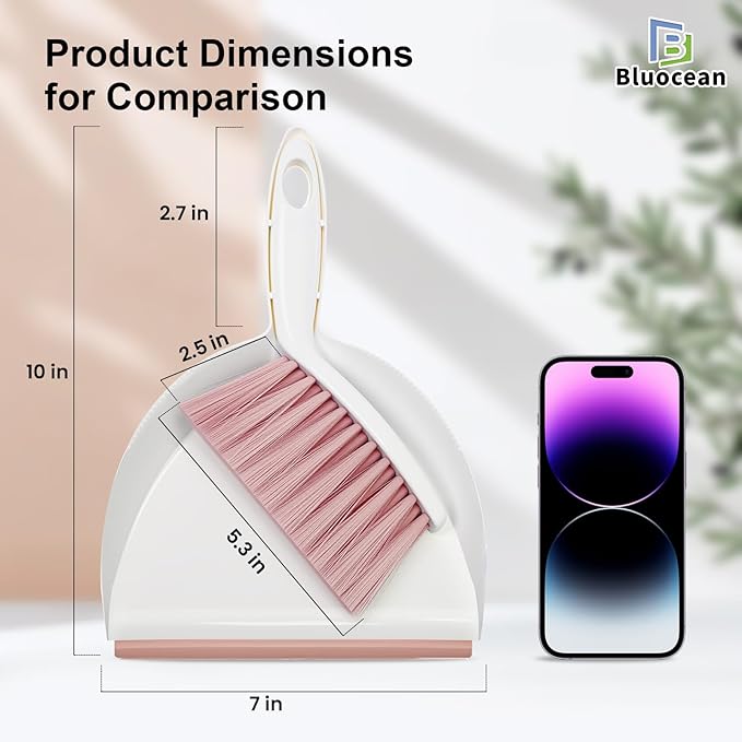 Mini Broom and Dustpan, Plus an Adhesive Hook Set, 7" Dustpan Opening, Bristles for Hair and Small Debris, Mini Portable Hand Brush for Pet, Sofa, Desk, Kitchen(White & Blush Pink)