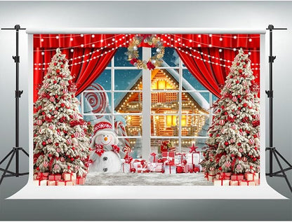 YongFoto Merry Christmas Backdrop 6x4ft Snowman Window View Snowy Town Xmas Tree Photography Background 2026 New Year Family Winter Holiday Party Banner Portrait Photoshoot Wallpaper Photo Booth