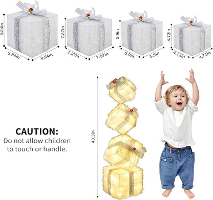 Christmas Lighted Gift Boxes Decorations Set of 4, 3.6Ft Stackable Christmas Nesting Boxes Battery Operated for Home and Party Decoration (10"-8"-6"-5", Silver Bow)