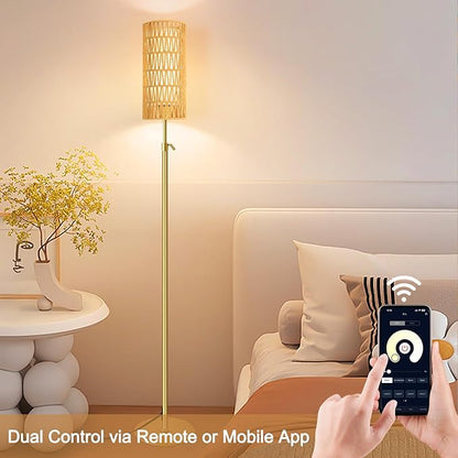 Gold Floor Lamps for Living Room Boho Rattan Floor Lamp with Remote Control & 3 Color Temperature Vintage Wicker Standing Lamp Dimmable Tall Floor Lamp for Bedroom Living Room Corner