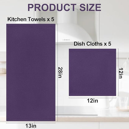 Homaxy 100% Cotton Kitchen Towels and Dishcloths Set, 12 x 12 Inches and 13 x 28 Inches, Set of 10 Bulk Kitchen Towels Set, Ultra Soft Absorbent Dish Cloths for Washing Dishes, Eggplant