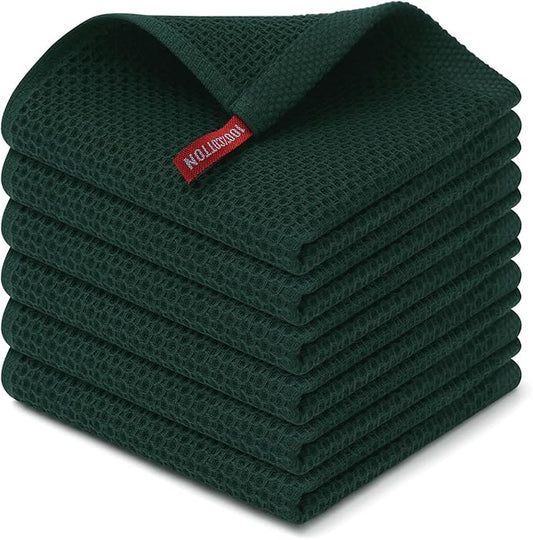 Kitinjoy 100% Cotton Kitchen Dish Cloths, 6 Pack Waffle Weave Ultra Soft Absorbent Dish Towels for Drying Dishes Quick Drying Kitchen Towels Dish Rags, 12 X 12 Inches, Blackish Green