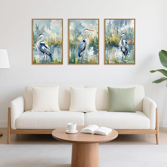 HLNIUC Great Blue Heron Wall Art Set of 3, Watercolor Coastal Bird Wall Decor(24x36), Wildlife Animal Illustrations Canvas Painting, Modern Boho Nature Avian Art Prints for Living Room,Bedroom, Office