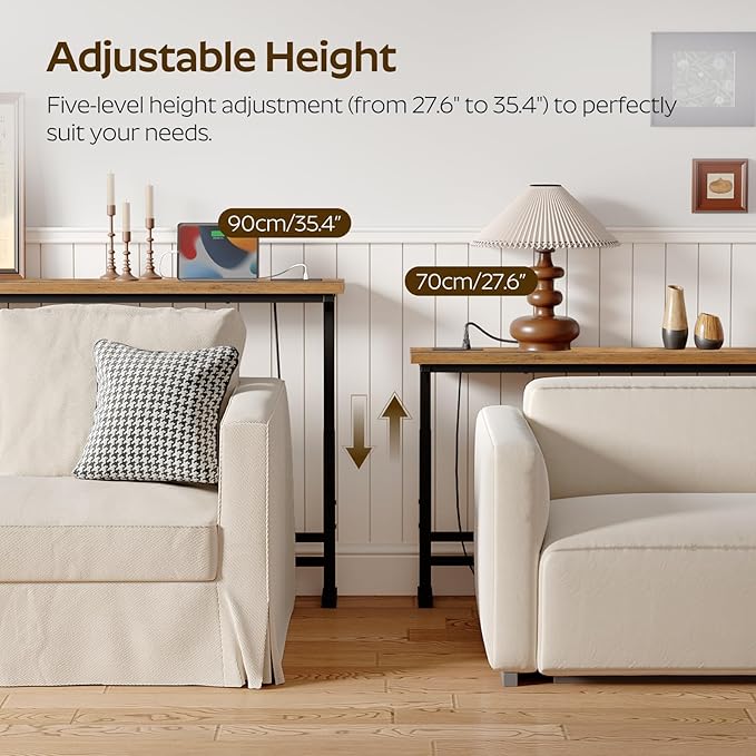 78.7" Console Table with Adjustable Height (27.6"-35.4") and Power Outlet, Skinny Behind Couch Table, Narrow Long Sofa Table for Living Room, Hallway, Entryway, Rustic Brown and Black CT09UBR