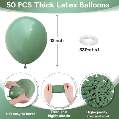 Sage Green Balloons 12 Inch, 50 Pcs Eucalyptus Olive Vintage Balloon Matte Dusty Dark Avocado Helium Latex for Birthday Boho Baby Shower Wedding Party Decorations