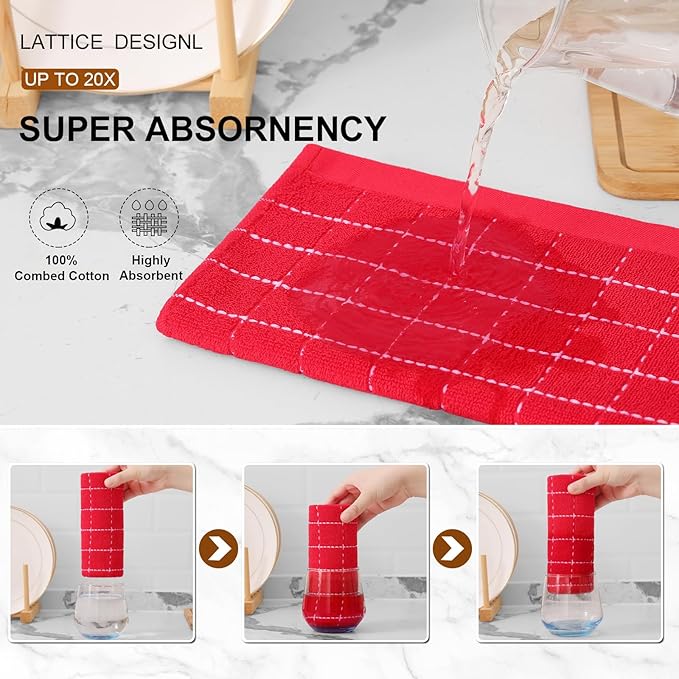 Mordimy 100% Cotton Terry Cloth Kitchen Towels, Super Soft and Absorbent Dish Towels for Drying, Checkered Designed Hand Towels for Kitchen, 16 x 26 Inches, 6 Pack, Red